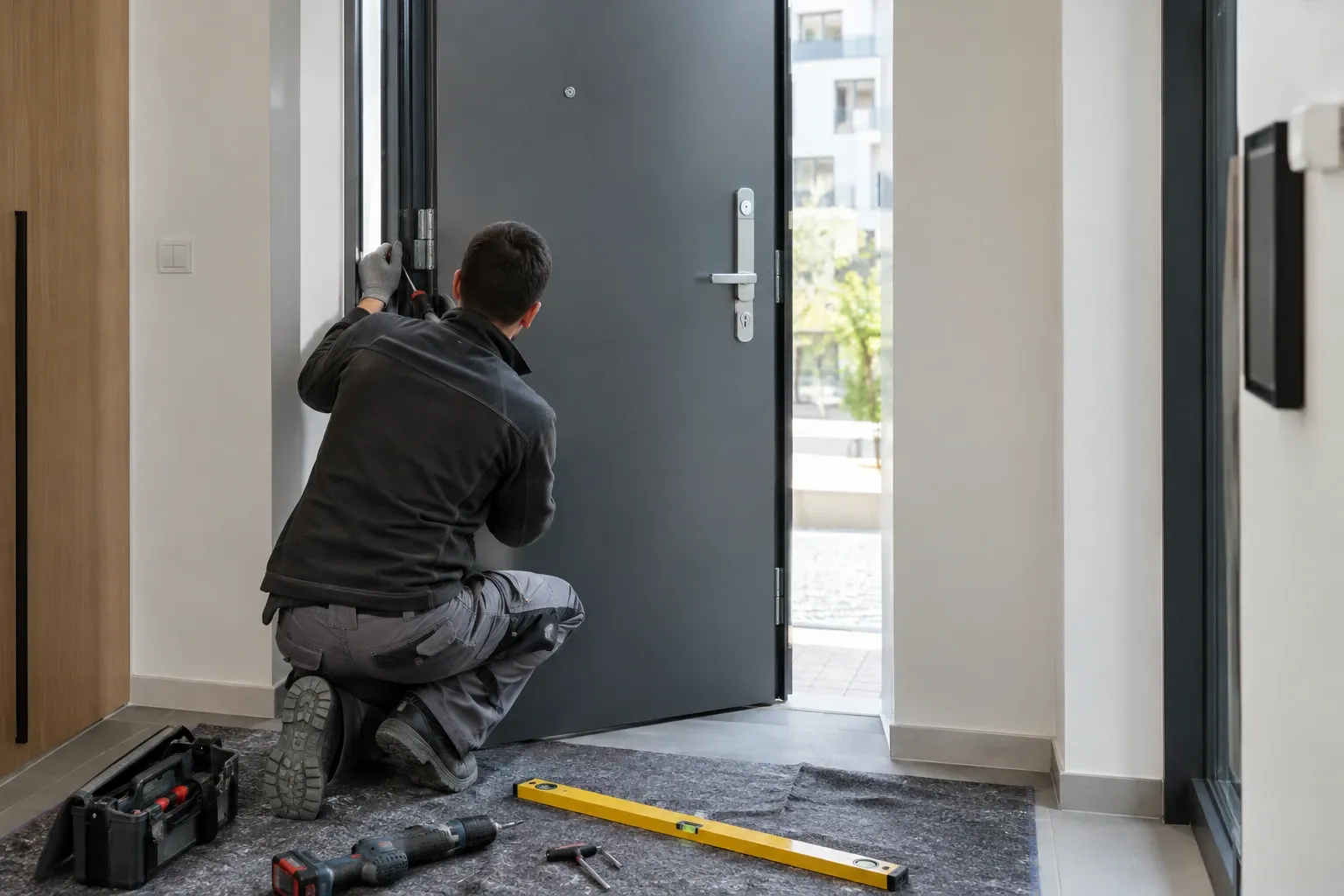 Pose d'une porte d'entrée blindée dans l'entrée d'un appartement