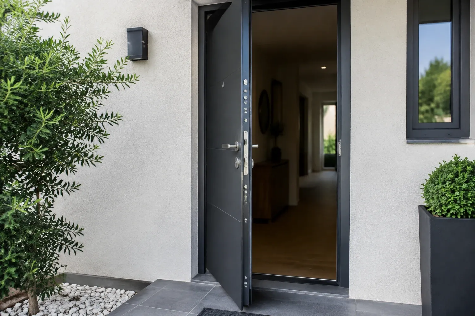 Porte d'entrée blindée noire entrebâillée, seuil carrelé et plantes en pot visible à l'extérieur