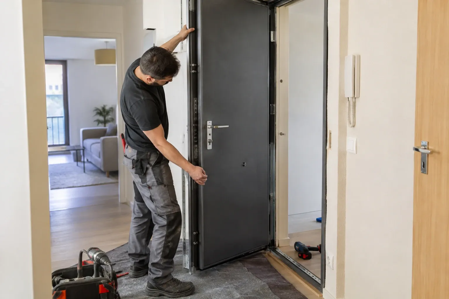 Ouvrier ajustant une porte blindée noire dans l’encadrement d’un appartement lumineux