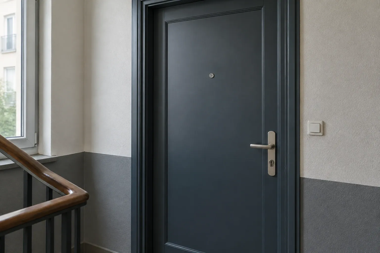 Porte d'entrée grise avec judas et poignée métallique dans palier éclairé par fenêtre