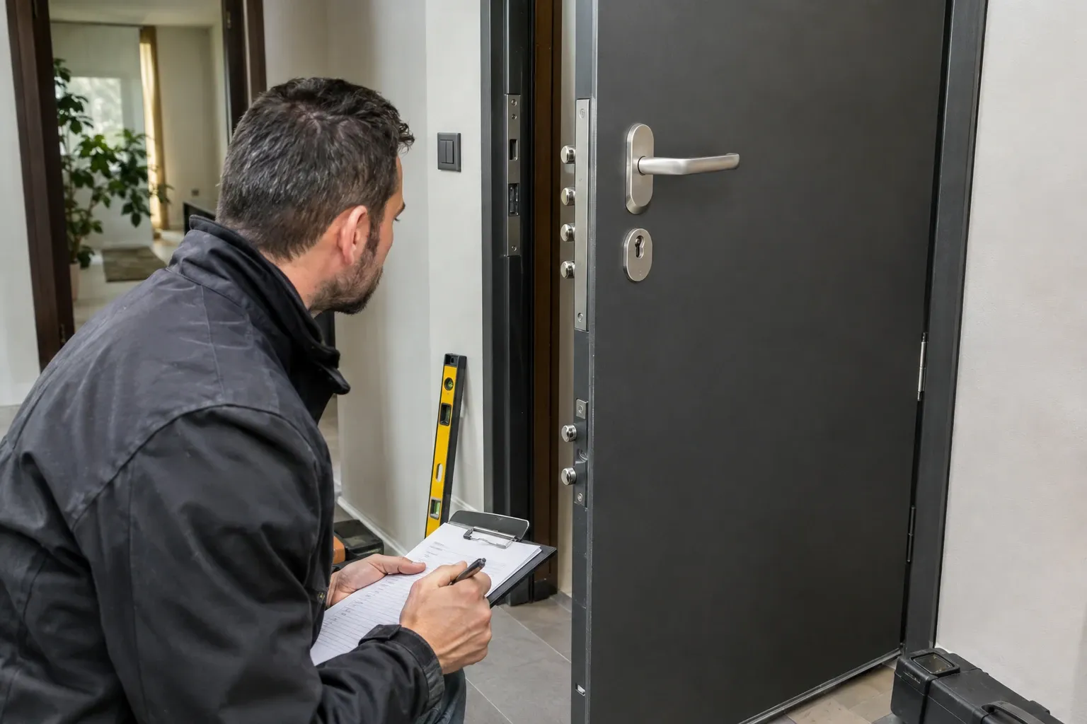 Technicien vérifiant l’alignement d’une porte blindée ouverte, niveau et carnet à la main